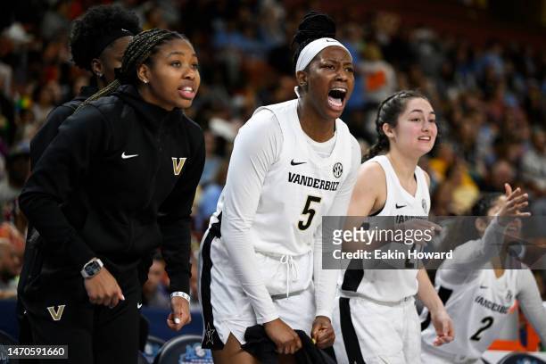 Yaubryon Chambers of the Vanderbilt Commodores celebrates from the bench against the Texas A&M Aggies in the fourth quarter during the first round of...