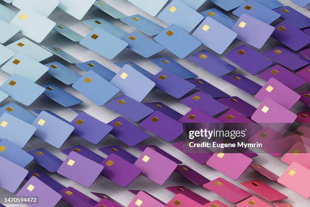 digitally generated image of isometric coloured credit cards - fintech imagens e fotografias de stock