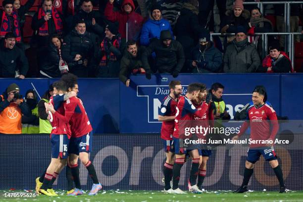 Ez Abde of CA Osasuna celebrates with teammates after scoring their team's first goal during the Copa del Rey Semi Final Leg One match between CA...