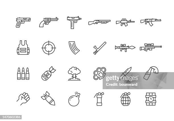 weapons line icons. editable stroke. - handgun stock illustrations