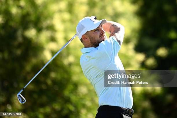 Former cricketer and England cricket coach Brendon McCullum plays a shot during day one of the 2023 New Zealand Open at Millbrook Resort on March 02,...