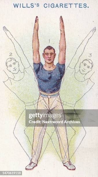 Collectible illustrated tobacco or cigarette card, 'Physical Culture' series, published in 1914 by Wills Cigarettes, depicting a male athlete...