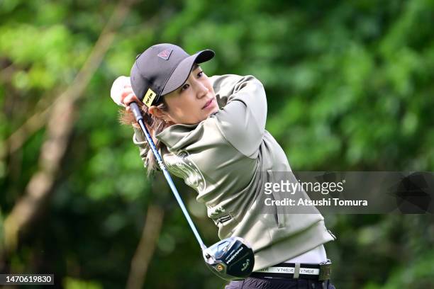 Asako Fujimoto of Japan hits her tee shot on the 12th hole during the first round of Daikin Orchid Ladies at Ryukyu Golf Club on March 2, 2023 in...