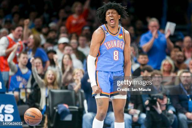 Jalen Williams of the Oklahoma City Thunder yells after a slam dunk during the second quarter against the Los Angeles Lakers at Paycom Center on...