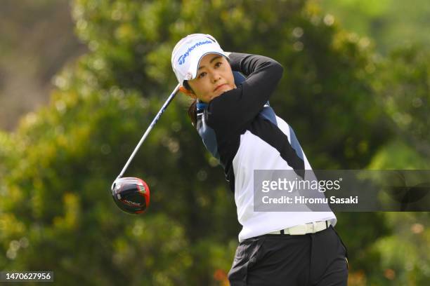 Shinobu Moromizato of Japan hits her tee shot on the 4th hole during the first round of Daikin Orchid Ladies at Ryukyu Golf Club on March 2, 2023 in...