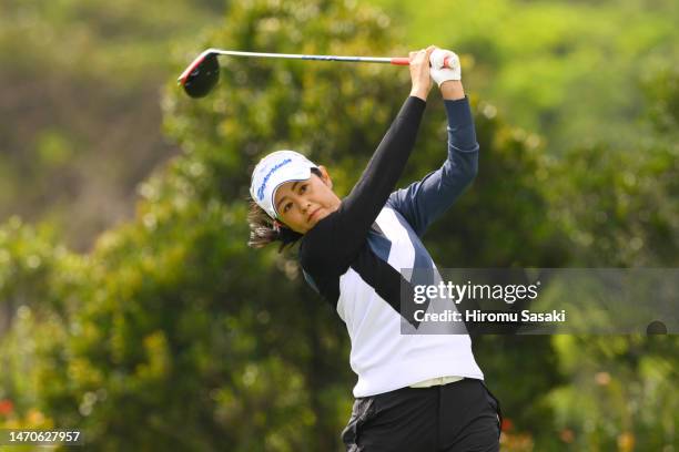 Shinobu Moromizato of Japan hits her tee shot on the 4th hole during the first round of Daikin Orchid Ladies at Ryukyu Golf Club on March 2, 2023 in...