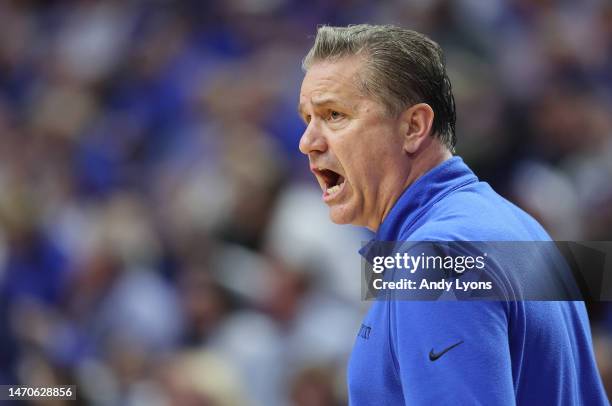 John Calipari the head coach of the Kentucky Wildcats against the Vanderbilt Commodores at Rupp Arena on March 01, 2023 in Lexington, Kentucky.