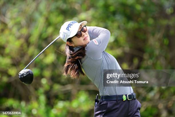 Rie Tsuji of Japan hits her tee shot on the 12th hole during the first round of Daikin Orchid Ladies at Ryukyu Golf Club on March 2, 2023 in Nanjo,...