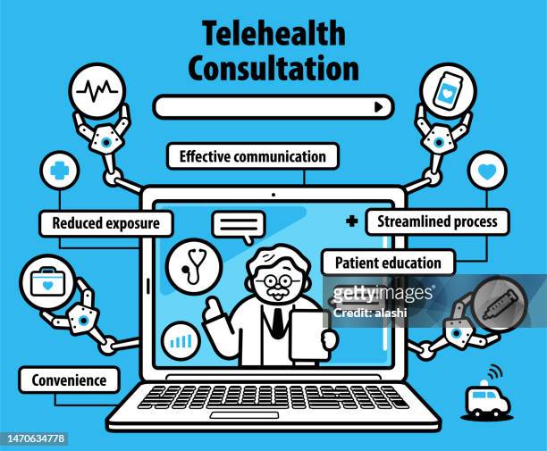 having a telemedicine or telehealth consultation with a healthcare provider by laptop computer or video call - electronic medical record stock illustrations