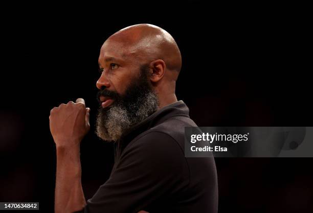 Head coach Jacque Vaughn of the Brooklyn Nets directs his team in the second half against the New York Knicks at Madison Square Garden on March 01,...
