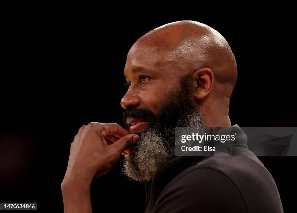 Head coach Jacque Vaughn of the Brooklyn Nets directs his team in the second half against the New York Knicks at Madison Square Garden on March 01,...