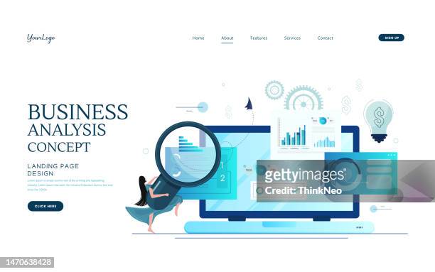 statistics and analysis concept - magnifying glass laptop stock illustrations