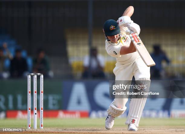 Cameron Green of Australia bats during day two of the Third Test match in the series between India and Australia at Holkare Cricket Stadium on March...