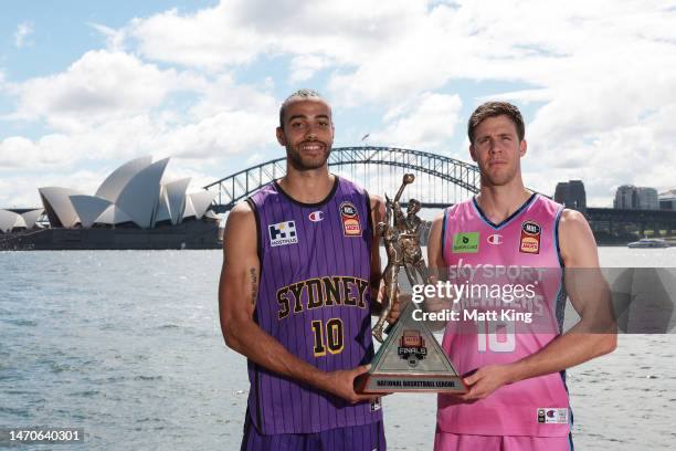 Xavier Cooks of the Kings and Tom Abercrombie of the Breakers pose with the NBL Championship trophy during a NBL 2023 NBL Championship Series media...