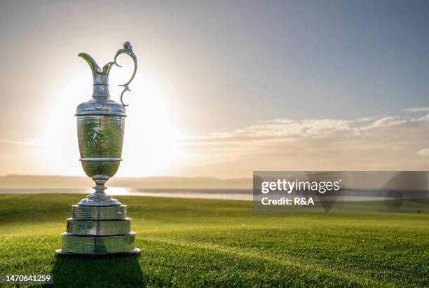 The Claret Jug is displayed during previews for The 151st Open Championship at Royal Liverpool Golf Club on November 15, 2022 in Hoylake, England.