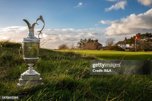 The Claret Jug is displayed during previews for The 151st Open Championship at Royal Liverpool Golf Club on November 15, 2022 in Hoylake, England.