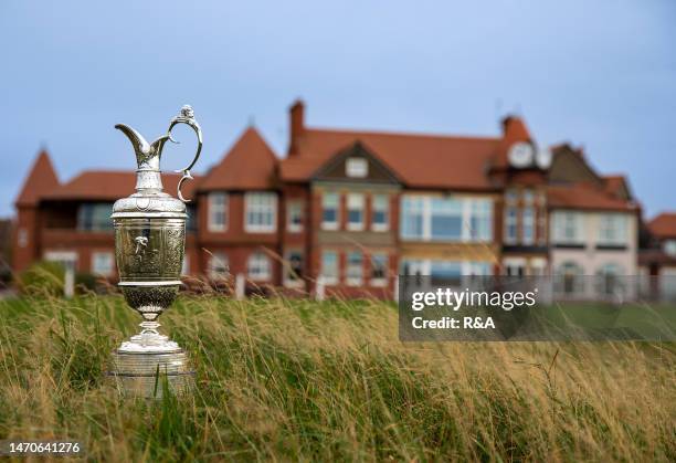 The Claret Jug is displayed during previews for The 151st Open Championship at Royal Liverpool Golf Club on November 15, 2022 in Hoylake, England.