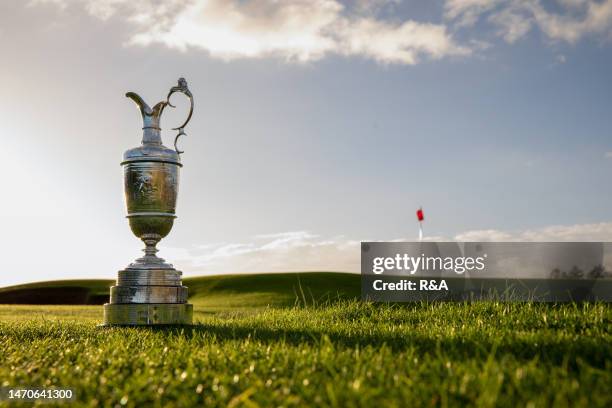 The Claret Jug is displayed during previews for The 151st Open Championship at Royal Liverpool Golf Club on November 15, 2022 in Hoylake, England.