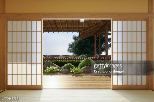 japanese style empty room interior with garden view background - tatami mat stock pictures, royalty-free photos & images