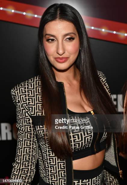 Actress Nora Fatehi attends the Dharma Production & Cornerstone Agency's Entertainers Tour launch party at The Hotel at Avalon on March 01, 2023 in...