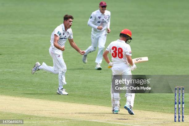 Xavier Bartlett of Queensland celebrates dismissing Nathan McSweeney during the Sheffield Shield match between Queensland and South Australia at The...