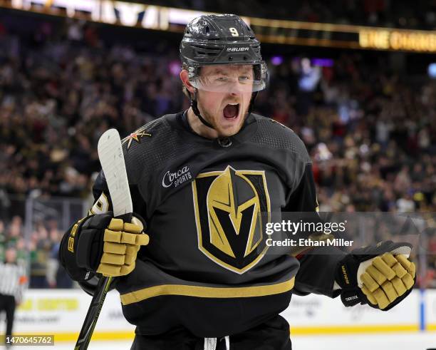 Jack Eichel of the Vegas Golden Knights reacts after scoring a second-period goal against the Carolina Hurricanes during their game at T-Mobile Arena...