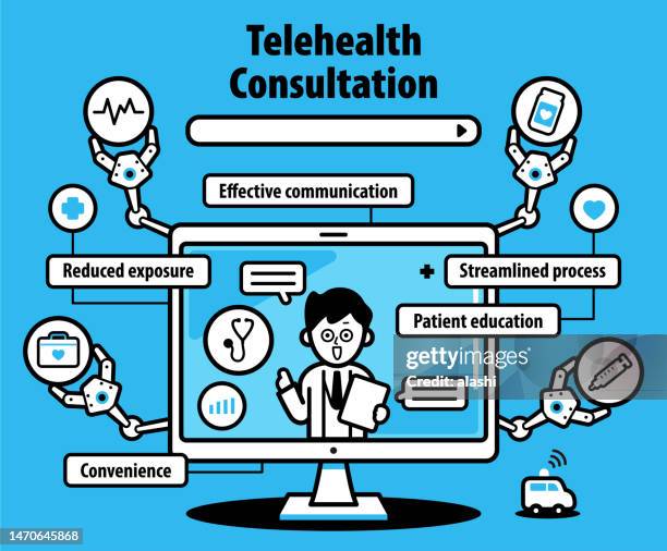 having a telemedicine or telehealth consultation with a healthcare provider by computer or video call - electronic medical record stock illustrations