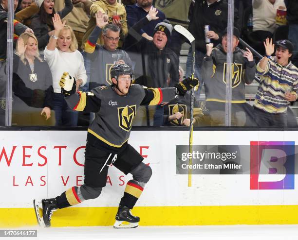 Jack Eichel of the Vegas Golden Knights reacts after scoring his second goal of the second period of a game against the Carolina Hurricanes at...