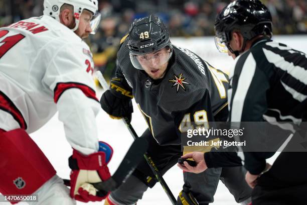 Ivan Barbashev of the Vegas Golden Knights prepares to face off with Derek Stepan of the Carolina Hurricanes during the third period at T-Mobile...