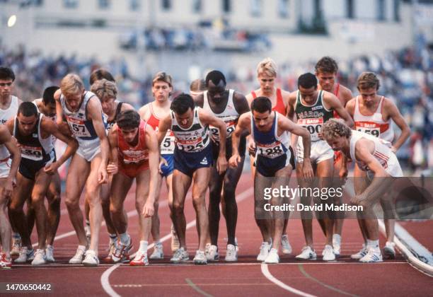 Runners crowd the starting line of the Men's 10000 meters race at the Bislett Games on July 5, 1986 at Bislett Stadium in Oslo, Norway; eventual...