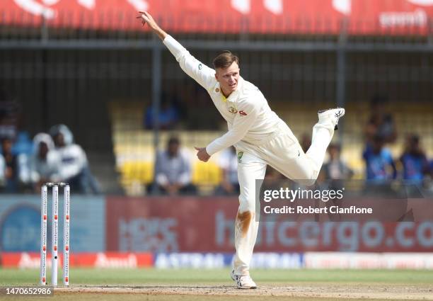 Matthew Kuhnemann of Australia bowls during day two of the Third Test match in the series between India and Australia at Holkare Cricket Stadium on...