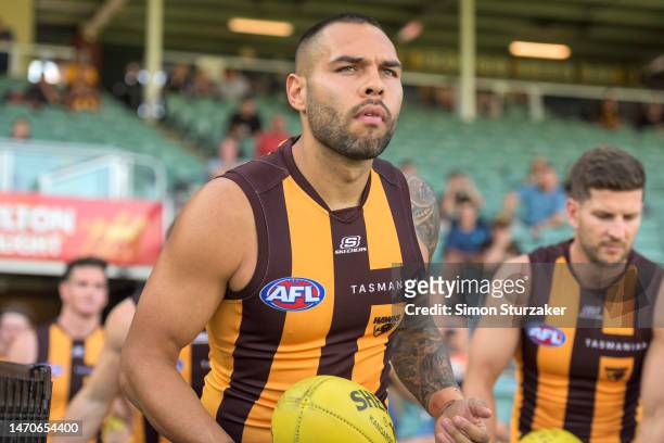 Hawthorn players make their way on the field for the AFL practice match between the Hawthorn Hawks and the Collingwood Magpies at University of...