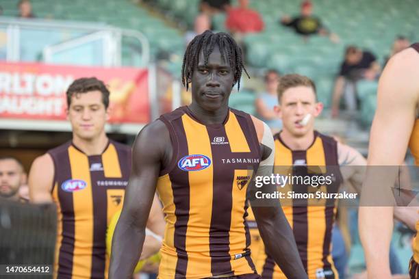 Hawthorn players make their way on the field for the AFL practice match between the Hawthorn Hawks and the Collingwood Magpies at University of...