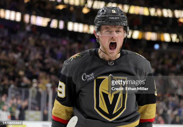 Jack Eichel of the Vegas Golden Knights reacts after scoring the first of his two goals of the second period against the Carolina Hurricanes during...