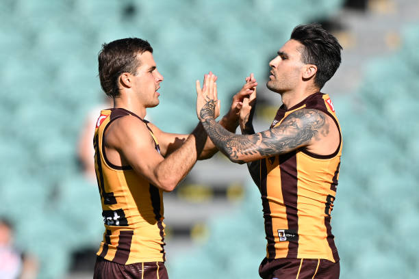 Chad Wingard of the Hawks celebrates a goal during the AFL practice match between the Hawthorn Hawks and the Collingwood Magpies at University of...