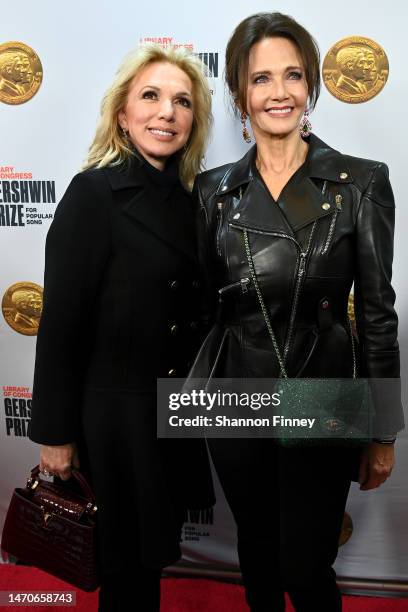 Julie Opperman and Lynda Carter walk the red carpet at the 2023 Library of Congress Gershwin Prize for Popular Song on March 01, 2023 in Washington,...