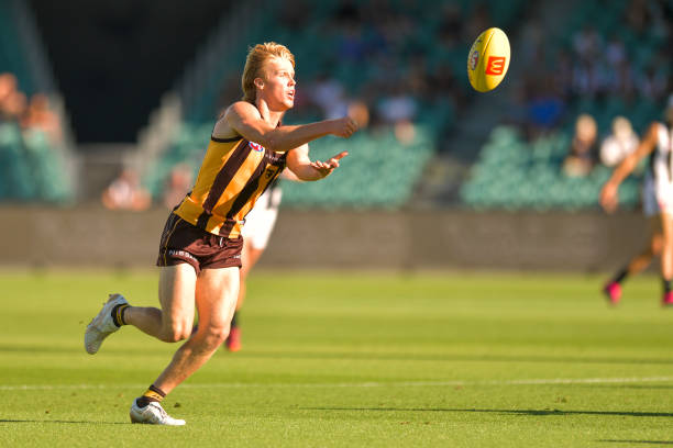 Cam Mackenzie of the Hawks handballs during the AFL practice match between the Hawthorn Hawks and the Collingwood Magpies at University of Tasmania...