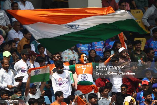Fans cheer during day two of the Third Test match in the series between India and Australia at Holkare Cricket Stadium on March 02, 2023 in Indore,...