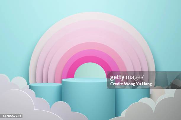 rainbow , sky and cloud podium with copy space, 3d render - podium photos et images de collection