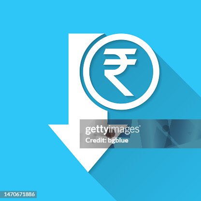 Indian rupee decrease. Icon on blue background - Flat Design with Long Shadow Indian rupee decrease. Icon on blue background - Flat Design with Long Shadow