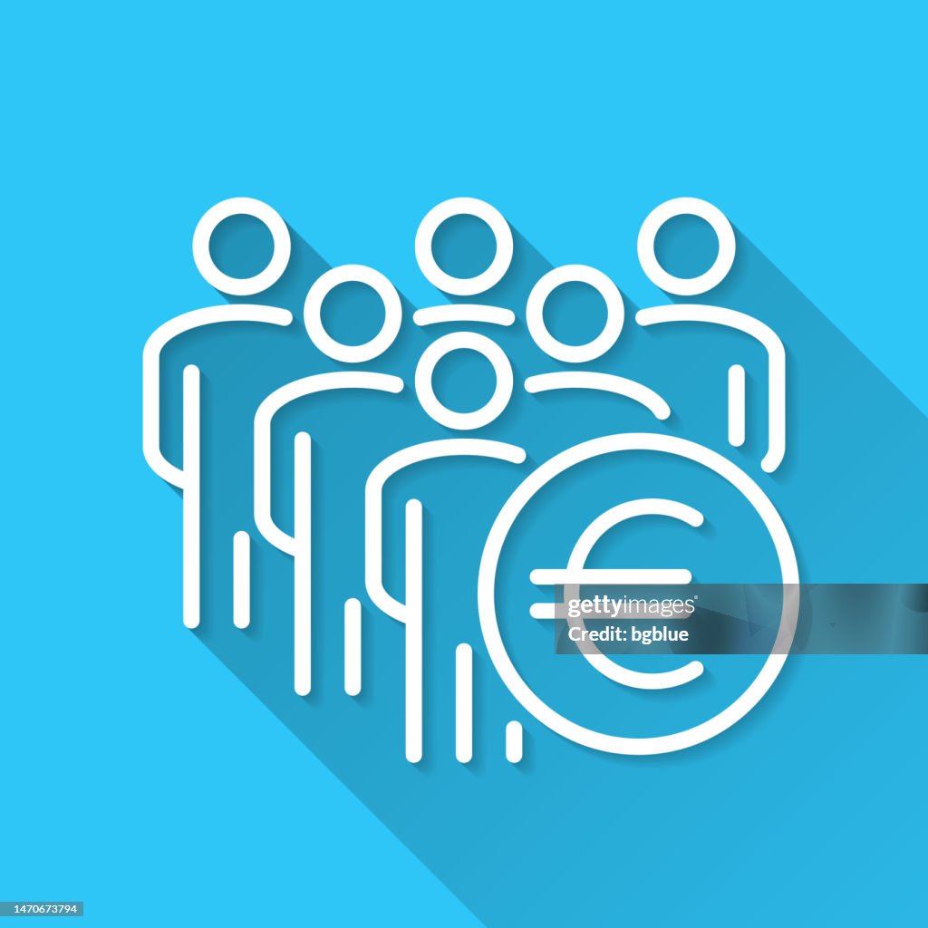 Crowd with Euro sign. Icon on blue background - Flat Design with Long Shadow