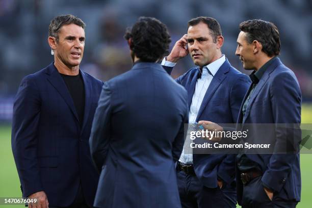 Brad Fittler, Johnathan Thurston, Billy Slater and Cameron Smith talk ahead of the round one NRL match between the Parramatta Eels and the Melbourne...
