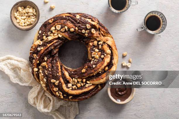 chocolate hazelnut cream homemade babka cake - hazelnut spread stock pictures, royalty-free photos & images