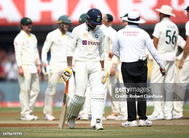 Ravindra Jadeja of India walks off after he was dismissed by Nathan Lyon of Australia during day two of the Third Test match in the series between...