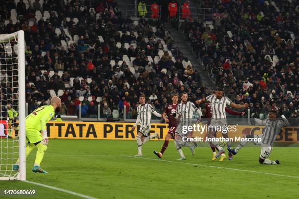 Paul Pogba of Juventus gets a touch on the ball in the lead up to Adrien Rabiot's goal to give the side a 4-2 lead during the Serie A match between...