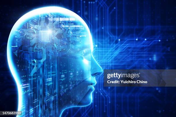artificial intelligence robot with circuit brain - deep learning stock-fotos und bilder
