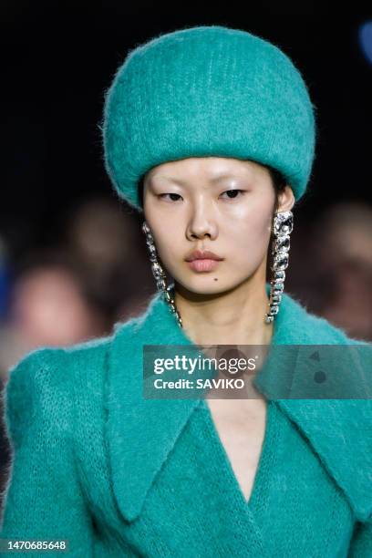 Model walks the runway during the Balmain Ready to Wear Fall/Winter 2023-2024 fashion show as part of the Paris Fashion Week on March 1, 2023 in...