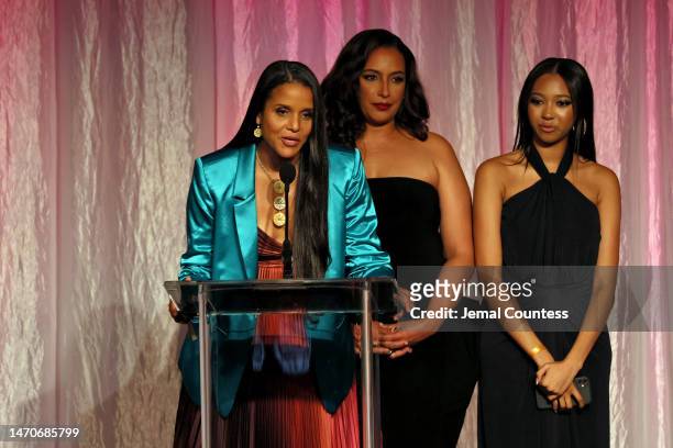 Anika Poitier and Sydney Tamiia Poitier accept the Best Documentary award for "Sidney" onstage during the 14th Annual AAFCA Awards at Beverly...