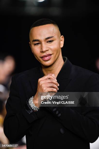 Fashion designer Olivier Rousteing walks the runway during the Balmain Ready to Wear Fall/Winter 2023-2024 fashion show as part of the Paris Fashion...