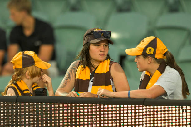 Fans look on during the AFL practice match between the Hawthorn Hawks and the Collingwood Magpies at University of Tasmania Stadium on March 02, 2023...
